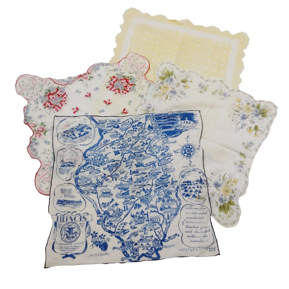 Vgt Lot Of 4 Cotton Multi Colored Floral Ladies Hankies Handkerchiefs Illinois